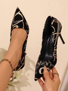 Commuter Style Black & Gold Abstract Graffiti Pointed Toe Luxury Gilded Artistic Line Elegant Versatile Thin Super High Heel Pumps For Women - Black and Gold - View 4