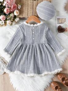 2pcs/Set Baby Girl Long Sleeve Ribbed Jacquard Pom Pom Lace Bow Dress + Grey Hat, Spring/Autumn Outfit Set - Grey - View 2