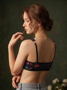 1pc Halloween Pumpkin Print Women's Lace Patchwork Wireless Bra - Black - View 2