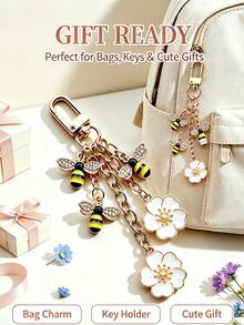 Enamel Bee & Flower Keychain, Gold-Plated Rhinestone Bag Charm Pendant, Women's Car Key Ring, Pastoral Style Decorative Accessory. Sweet Garden Style Key Ring, Women & Girls Gift Accessory. Gift For Women, Birthday, Holiday Gift. - Multicolor - View 3
