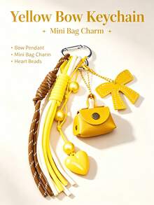 Color‑Block Woven Tassel Keychain, Mini PU Pouch Bag Charm With Heart & Bow Pendant, Aesthetic Bags Accessory Gift For Girls - Multicolor - View 7