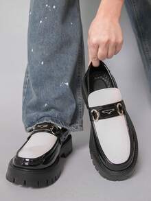 Men's Versatile Business Casual Thick Sole Height-Increasing Slip-On Black & White Colorblock Loafers - White - View 5
