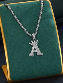 1pc Y2k Popular Rhinestone Paved Crown Initial Pendant Necklace Sliver Stainless Steel Twisted Rope Chain Necklace For Women Men - Silver - View 3