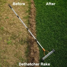 FUSHITON Thatch Rake 15 Inch With Wheels For Lawn Dethatching | Heavy-Duty Metal,Adjustable Long Handle,For Soil Loosening & Leaf Gathering - A - View 3