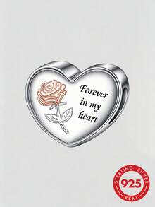 1件 S925 純銀雙色心形玫瑰珠，刻印「Forever In My Heart」紀念花 DIY 手鍊穿孔銀珠 - 銀色 - 查看 1