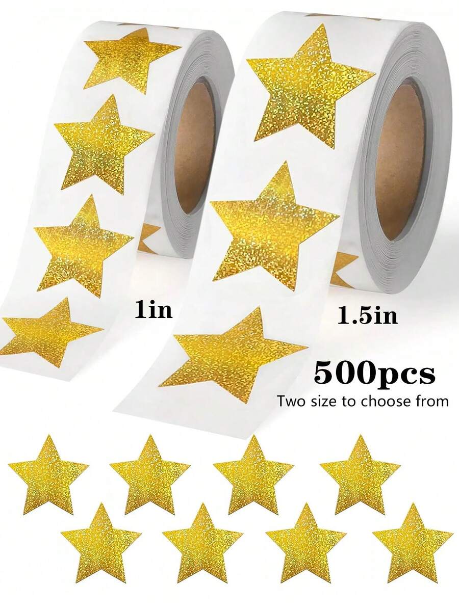 500pcs/Roll Shiny Gold Star Expression Stickers, Suitable For Classroom Teacher Reward Chart DIY Decoration Doodle Sticker Material Adhesive Tape Stickers - Gold Star - View 1
