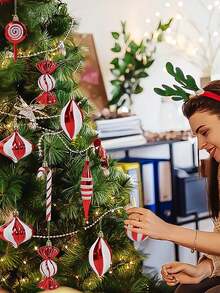 14pcs Festive Christmas Candy Cane Balls Ornament Set - Red & White Striped And Polka Dot Plastic Hanging Pendant For Holiday Tree, Window, Home & Office Decor, Candy Theme Christmas Gift Decorations - Multicolor - View 9