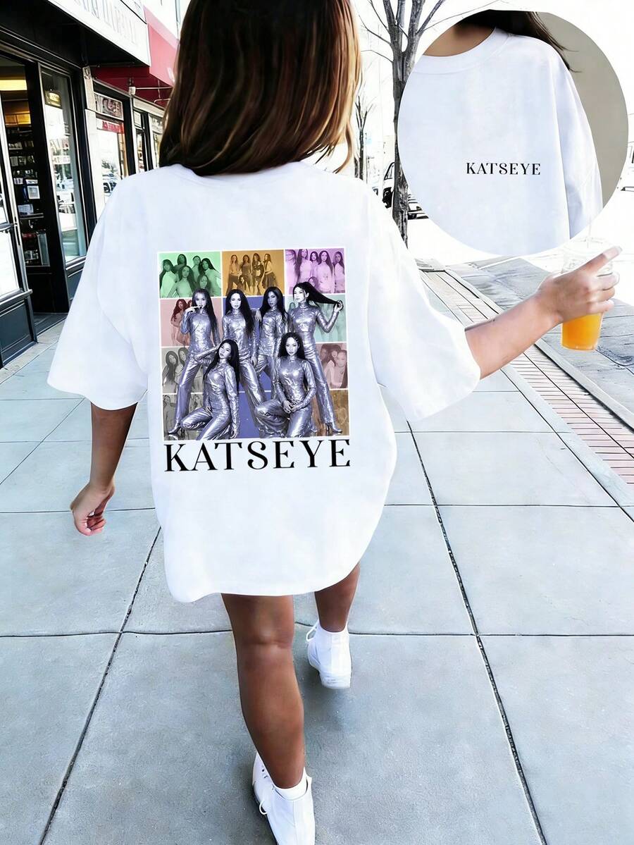 青少年女孩休閒趣味印花圓領套頭短袖T恤夏季上衣 - 白色 - 查看 1
