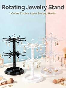 16-Hook Rotating Storage Rack, Adjustable Bottom Spacing. Can Be Used As A Key Rack/Display Rack For Storing Keys, Glasses, Or As A Desktop Jewelry Rack With Tray For Storing Necklaces - Multicolor - View 1