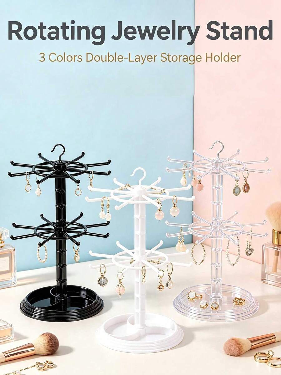 16-Hook Rotating Storage Rack, Adjustable Bottom Spacing. Can Be Used As A Key Rack/Display Rack For Storing Keys, Glasses, Or As A Desktop Jewelry Rack With Tray For Storing Necklaces - Multicolor - View 1