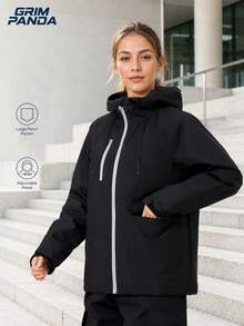GRIM PANDA GRIMPANDA Women's Hooded Outdoor Jacket, Adjustable Drawstring Hood, Multi-Pocket Zipper Detail, Loose Fit Sports Black - Black - View 7
