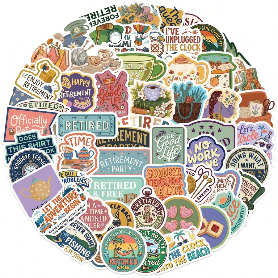58pcs Funny Retirement Aesthetic Sticker Set - Vinyl Stickers Suitable For Laptop, Water Bottle, Phone, Guitar - Multicolor - View 1