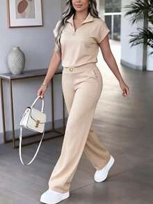Women's Spring/Autumn Casual 2-Piece Set Top, Spring Break Outfit Elegant Summer - Apricot - View 2