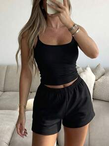 Unadoll Women's Autumn Black 2 Pieces Set, Halter Neck Cropped Top With Drawstring Pocket Shorts, Suitable For Back To School And Casual Daily Wear - Black - View 8