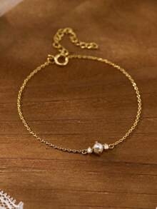 1 Simple And Fashionable 14K Gold Bracelet, Single White Pearl Pendant Exquisite Wrist Jewelry, Women's Wedding Daily Party Simple Bracelet. - Gold - View 5