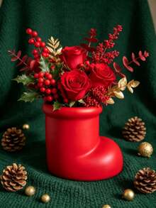 1PCXmas Boot‑Style Decor Vase, Holiday Party Table Ornament, Festive Gathering Desktop Display Piece, Christmas Theme Home Party Decoration, Creative Seasonal Decor Accessory - A - View 12