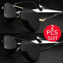 Modern Metal Frame Sunglasses, 2-Piece Set: Red & Black And All Black. Durable Metal Texture, Neutral Everyday Versatility. Casual Fashion Gift. - Grey - View 3