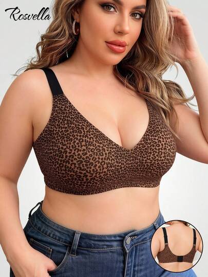 Women's Plus Size Brown Leopard Print Lingerie, Skin-Friendly Push-Up Bra, Romantic French Casual Comfortable Minimalist Underwear, Mature Charm Breathable Fabric Elegant Bra, Women's Comfortable Wireless French Style Lingerie