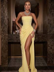 Bright Yellow Solid Color Elegant Sexy Chiffon High Slit Asymmetric Strapless Evening Dress Fall - Yellow - View 6