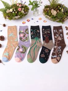 5 Pairs French Romantic Style Floral Print Women's Mid-Calf Socks, Casual Fashion Floral Print Women's Socks, Elegant Women's Socks - Multicolor - View 5