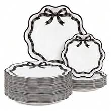 10/20/40pcs Black Bow Wavy Edge Disposable Paper Plates, Coquette Style Wavy Dinner Plates, White Background With Black Ribbon Bow Print, 7-Inch And 9-Inch Party Plates, Suitable For Birthday Parties, Bridal Showers, Baby Showers, Tea Parties, Picnics And Girls Gatherings - Black - View 1