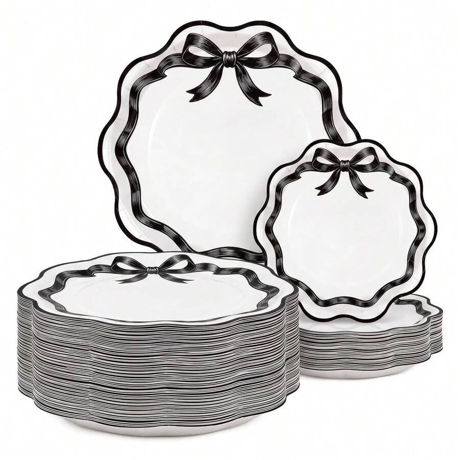 10/20/40pcs Black Bow Wavy Edge Disposable Paper Plates, Coquette Style Wavy Dinner Plates, White Background With Black Ribbon Bow Print, 7-Inch And 9-Inch Party Plates, Suitable For Birthday Parties, Bridal Showers, Baby Showers, Tea Parties, Picnics And Girls Gatherings - Black - View 1