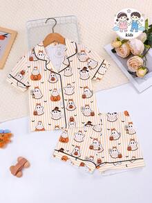 Cute Cartoon Ghost & Pumpkin Print Striped Home Shorts Young Girl Halloween Outfit, Summer Girls Open Front Pajama 2 Pieces Set - Orange - View 9