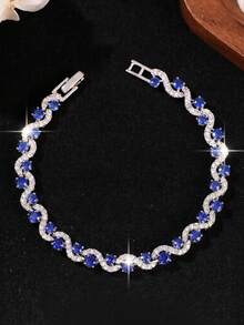1pc Minimalist Round Cubic Zirconia Wrapped Royal Blue Design Women's Bracelet, Silver-Plated Multicolor Jewelry, Party Wedding Accessory, Anniversary Birthday Gift For Girlfriend - Bracelet - View 4
