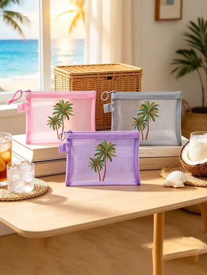 Bolsa de malla con patrón de árbol de coco, bolsa de cosméticos con cremallera impresa con tema de verano para mujeres, bolsa de almacenamiento de malla transparente impresa de colores, bolsa con cremallera transparente, bolsa con cremallera transparente adecuada para útiles escolares, puede contener útiles escolares y cosméticos, regalo ideal, también accesorio de viaje, bolsa de almacenamiento de viaje, bolsa de regalo, bolsa de compras portátil, regalo para hermana, puede usarse como mejor regalo para fiesta con tema de verano, regalo de cumpleaños, regalo de aniversario, regalo de graduación, puede contener toallas sanitarias y compresas, bolsa de almacenamiento de medicamentos