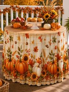 1pc Plaid Pumpkin Floral Table Skirt, Country Style Polyester Rectangular Table Skirt With Lace Wavy Hem, Sunflower And Maple Leaf Print, Suitable For Thanksgiving, Kitchen Dining Room, Autumn Decor, Wedding Decor, Kitchen Decor, Home Decor - Multicolor - View 7
