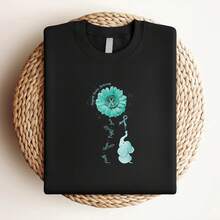 Camiseta de mujer con estampado unisex, cinta verde azulado, conciencia sobre el cáncer de ovario, margarita, elefante, fe, esperanza, amor, estampado gráfico, camiseta casual. - Negro - Ver 3