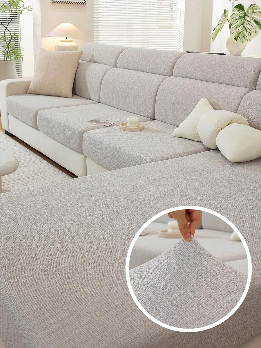 1pc Elastic Jacquard Sofa Seat Cushion Cover, Solid Color Decorative, L-Shaped Sectional Sofa Cover, Independent Sofa Back Cushion Cover, Dirt-Resistant & Anti-Slip & Easy To Wash, Suitable For Living Room Decor, Furniture Protection Cover, Multiple Size Options - Light Grey - View 1