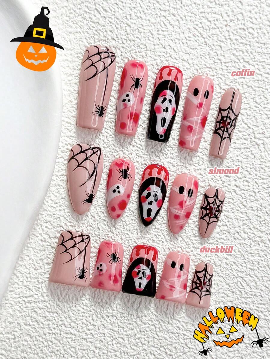 10件組萬聖節主題手工穿戴甲,電漿萬聖節風格 Poly Gel 凝膠美甲套組,蜘蛛設計粉色指甲油,詭異蜘蛛風,含美甲工具,3種尺寸可選,杏仁/鴨嘴/棺材形,適合派對、跳舞、日常配戴 - 彩色 - 查看 1