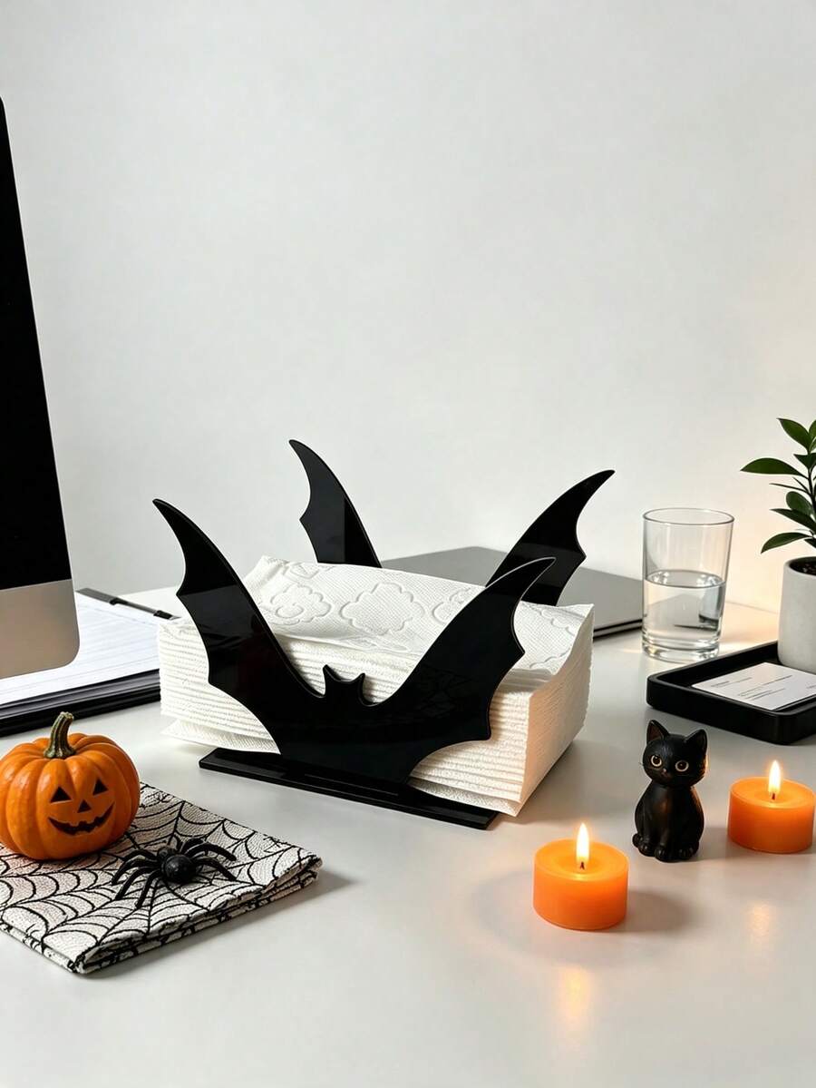 1pc Halloween Black Bat Shaped Acrylic Napkin Holder, Halloween Theme Desktop Tissue Box, Suitable For Dining Table, Party And Gothic Home Decor