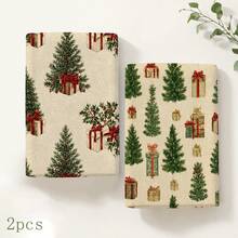 2pcs Off-White Christmas Tree Gift Pattern Kitchen Towels, Vintage Christmas Tree Red Bow Gift Box Full Print Decorative Tea Towels, Suitable For Christmas, Christmas Party, Winter Kitchen, Holiday Home Decor, 4/6/8pcs Combination Pack - Multicolor - View 9