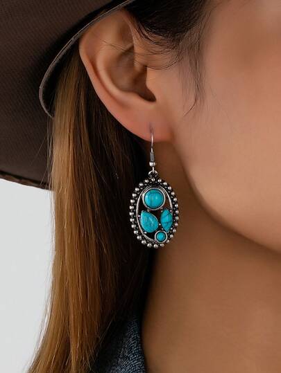1 Pair Oval Dangle Earrings For Women, Vintage Antique Silver Western Boho Drop Hook Earrings, Southwestern Retro Jewelry For Country Party Daily Wear