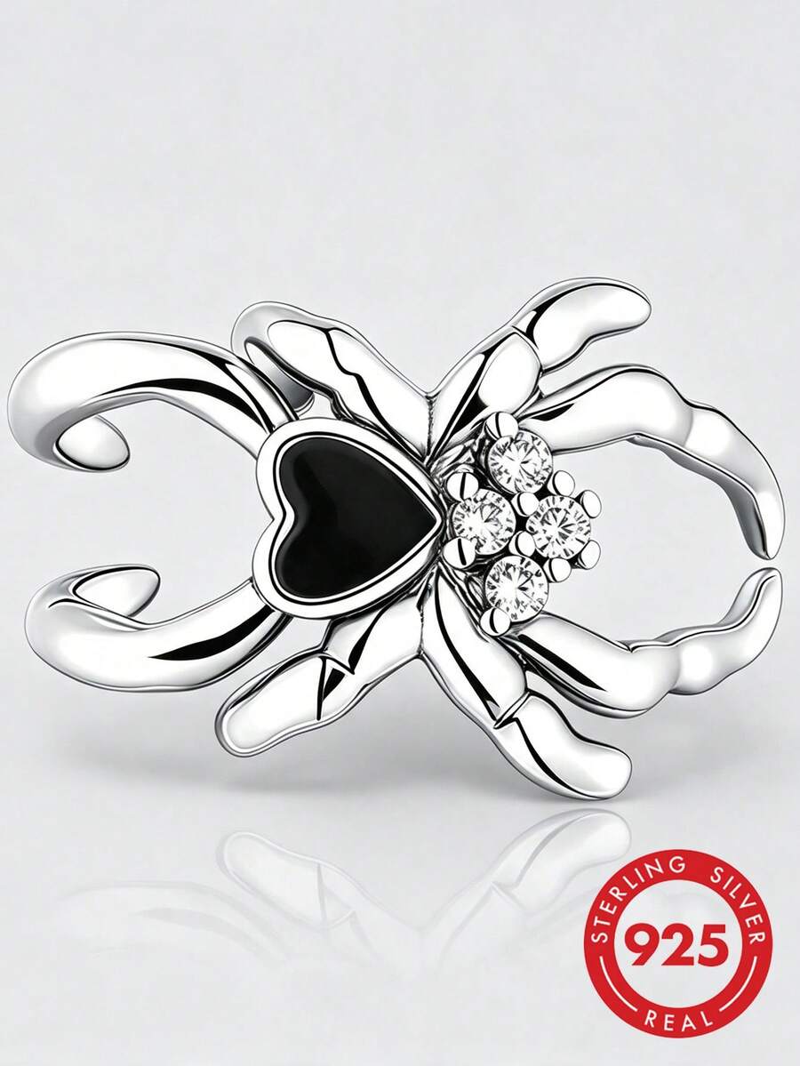 1pc S925 Sterling Silver Scorpion Open Ring, Black Resin Heart Inlaid Zirconia, Cool Niche Adjustable Women's Silver Ring - Silver - View 1