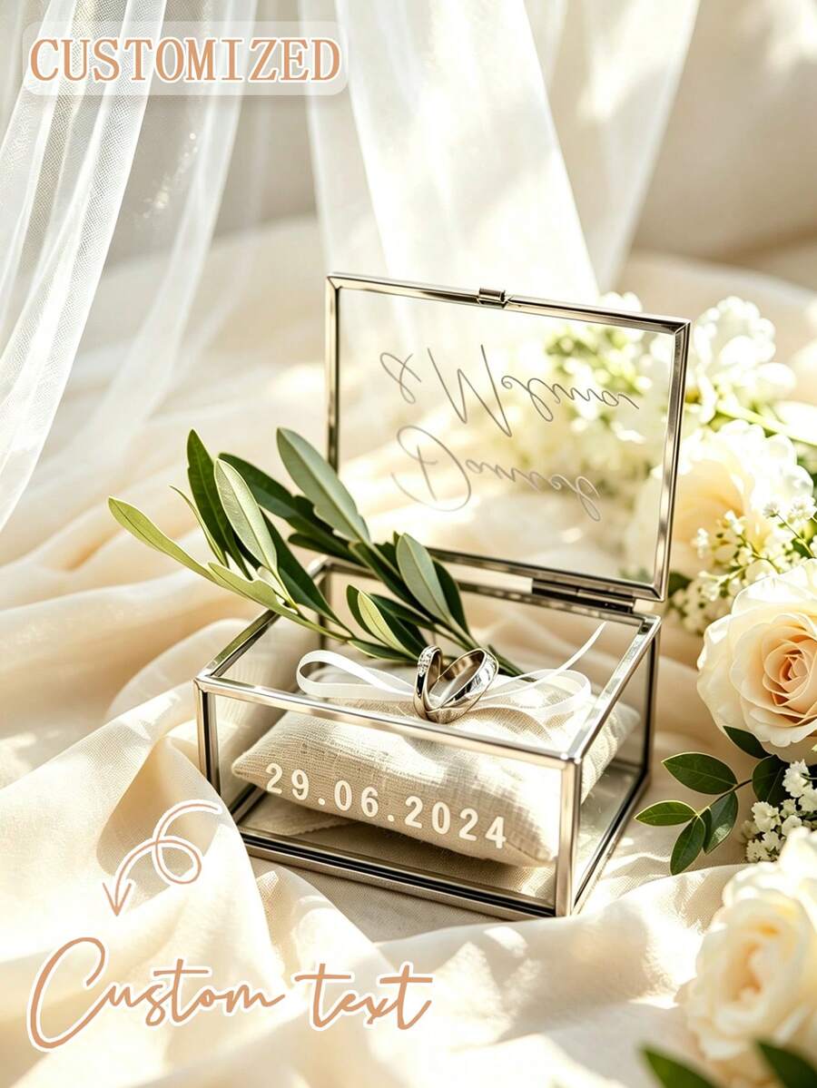 Personalized Wedding Ring Box, Includes Couple's Names, Wedding Date And Coordinates. Suitable For Wedding, Engagement Or Proposal, Perfect Prop For Wedding Photos And Ideal Gift, Velvet Interior - Multicolor - View 1