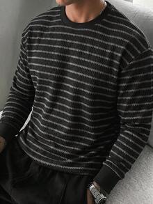 男士休閒日常通勤條紋針織套頭基本上衣 - 深灰色 - 查看 1