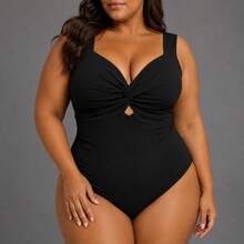 Plus Size Bodysuit, Casual And Elegant Crossover Style. - Black - View 1