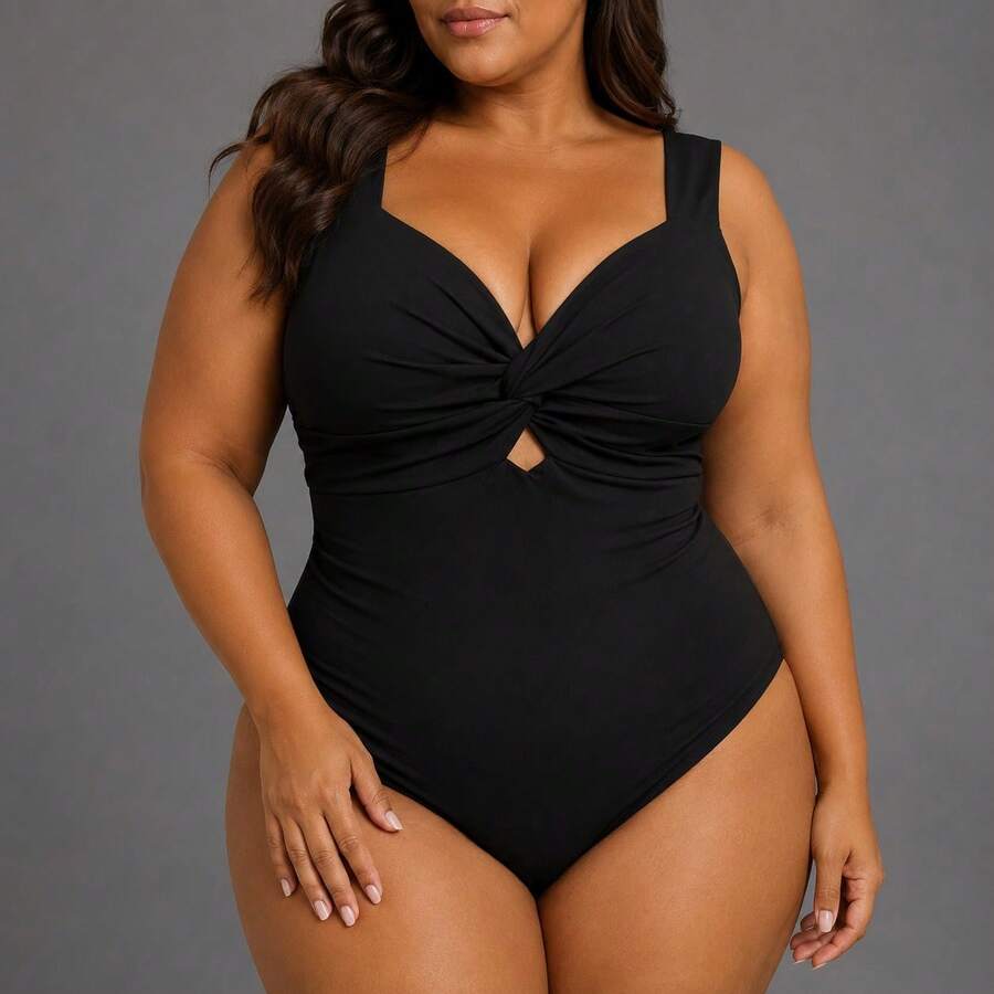 Plus Size Bodysuit, Casual And Elegant Crossover Style. - Black - View 1