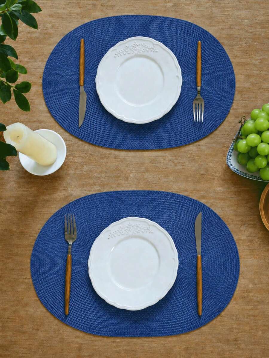 45*30cm 海軍藍橢圓形塑膠編織餐墊，4.72英吋杯墊，易清潔、防滑、耐熱，裝飾墊，抗皺，適用於派對、婚禮、喬遷、聖誕節、萬聖節、感恩節、母親節