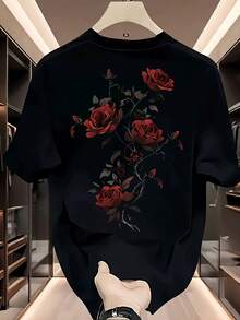 Short-Sleeved ShirtT-Shirt For Men Made Of 100% Heavy Cotton, Round Neck, Loose Fit, Rose Red Pattern Printed On A White Background. - Black - View 1