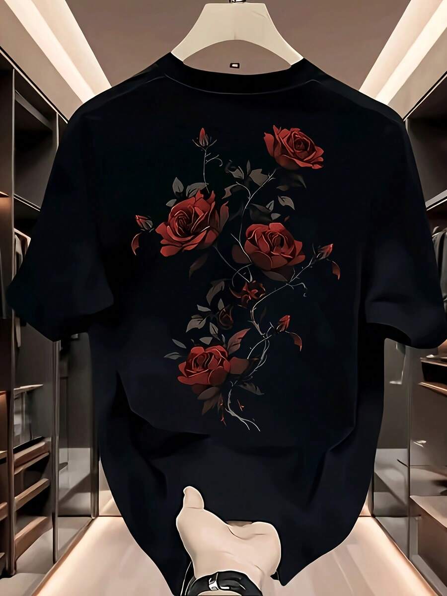 Short-Sleeved ShirtT-Shirt For Men Made Of 100% Heavy Cotton, Round Neck, Loose Fit, Rose Red Pattern Printed On A White Background. - Black - View 1