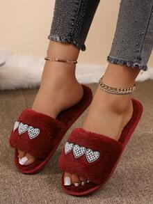 Retro Wine Red Plush Slippers For Women With Diamond Studded Heart Decoration, Exposed Toes, Straight Drag, Indoor Drag, Beach Fine Plush Lining - Burgundy - View 8