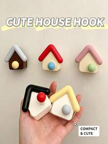 5pcs/1pc Cute House Shaped No-Drill Strong Adhesive Hooks, Decorative Practical Storage Hooks, Suitable For Bedroom Bathroom Kitchen Entryway Home Miscellaneous Storage Decoration, Room Decoration, Autumn Home Decor - Multicolor - View 5
