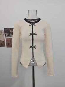 Sexy Asymmetrical Hem Bow Contrast Color Long Sleeve Knit Sweater, Slim Fit Flattering Versatile Knit Top For Autumn/Winter - Apricot - View 6