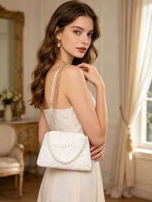 Sac de soirée en dentelle florale pour femmes, sac à bandoulière élégant avec chaîne de perles, sac à main mini bandoulière à double chaîne pour mariage et fête - Blanc - Voir 1