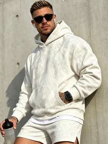 Men's Printed Drop Shoulder Long Sleeve Drawstring Pocket Casual Hoodie, Autumn/Winter, Back To School Season - White - View 4