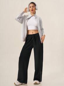 TimeOff Women's 1pc Colorblock Side Vertical Stripe Side Pocket Elastic Waist Wide Leg Pants - Black - View 8